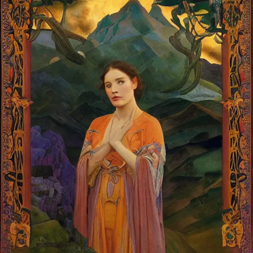 Prompt: princess of the dawn mountains, by annie swynnerton and charlie bowater and diego rivera and nicholas roerich and jean delville and evelyn de morgan, dramatic lighting, brocade robes, elaborate floral ornament, rich colors, smooth sharp focus, extremely detailed