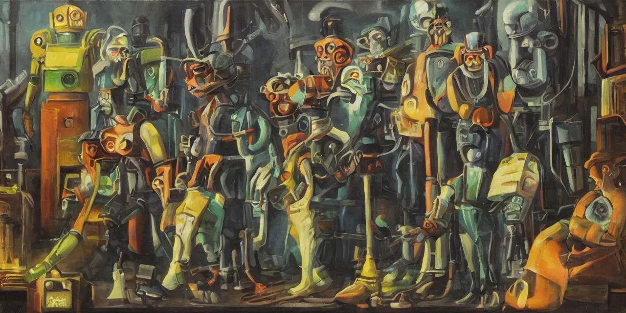 Prompt: background characters from an adventure game theme of wizards and robots science fiction 1930s future (oil paint on canvas)