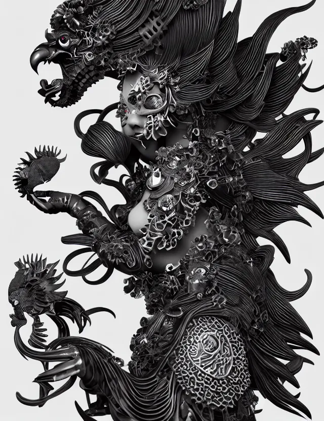 Image similar to 3 d goddess close - up profile satan biohazard portrait with crown, ram skull. beautiful intricately detailed japanese crow kitsune mask and clasical japanese kimono. betta fish, jellyfish phoenix, bio luminescent, plasma, ice, water, wind, creature, artwork by tooth wu and wlop and beeple and greg rutkowski