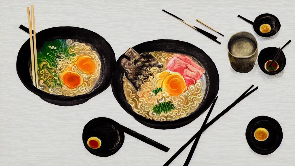 Image similar to an bowl of ramen, japan, a collage painting, in the style of wes anderson, lola dupre, david hockney, isolated on negative white space background dark monochrome neon spraypaint accents volumetric octane render