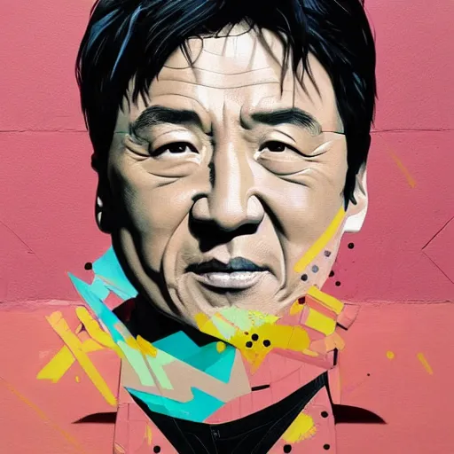 Prompt: Painting Jackie Chan by Sachin Teng, asymmetrical, Organic Painting ,geometric shapes, clouds, hard edges, energetic, graffiti, street art:2 by Sachin Teng:4