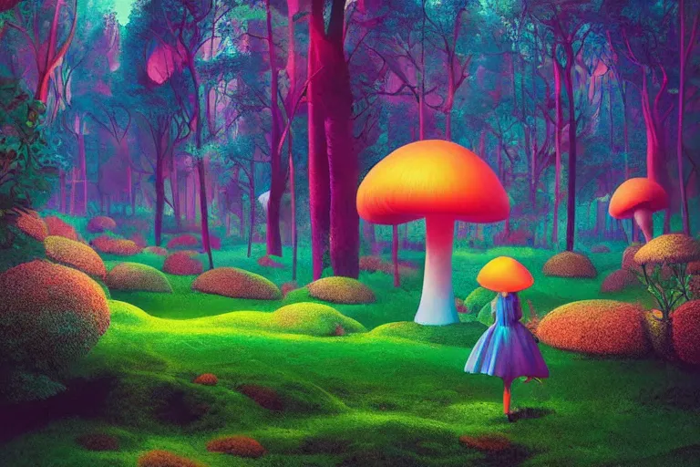 Prompt: alice in wonderland digital illustration by ilya kuvshinov, colorful surreal psychedelic mushroom forest by beeple