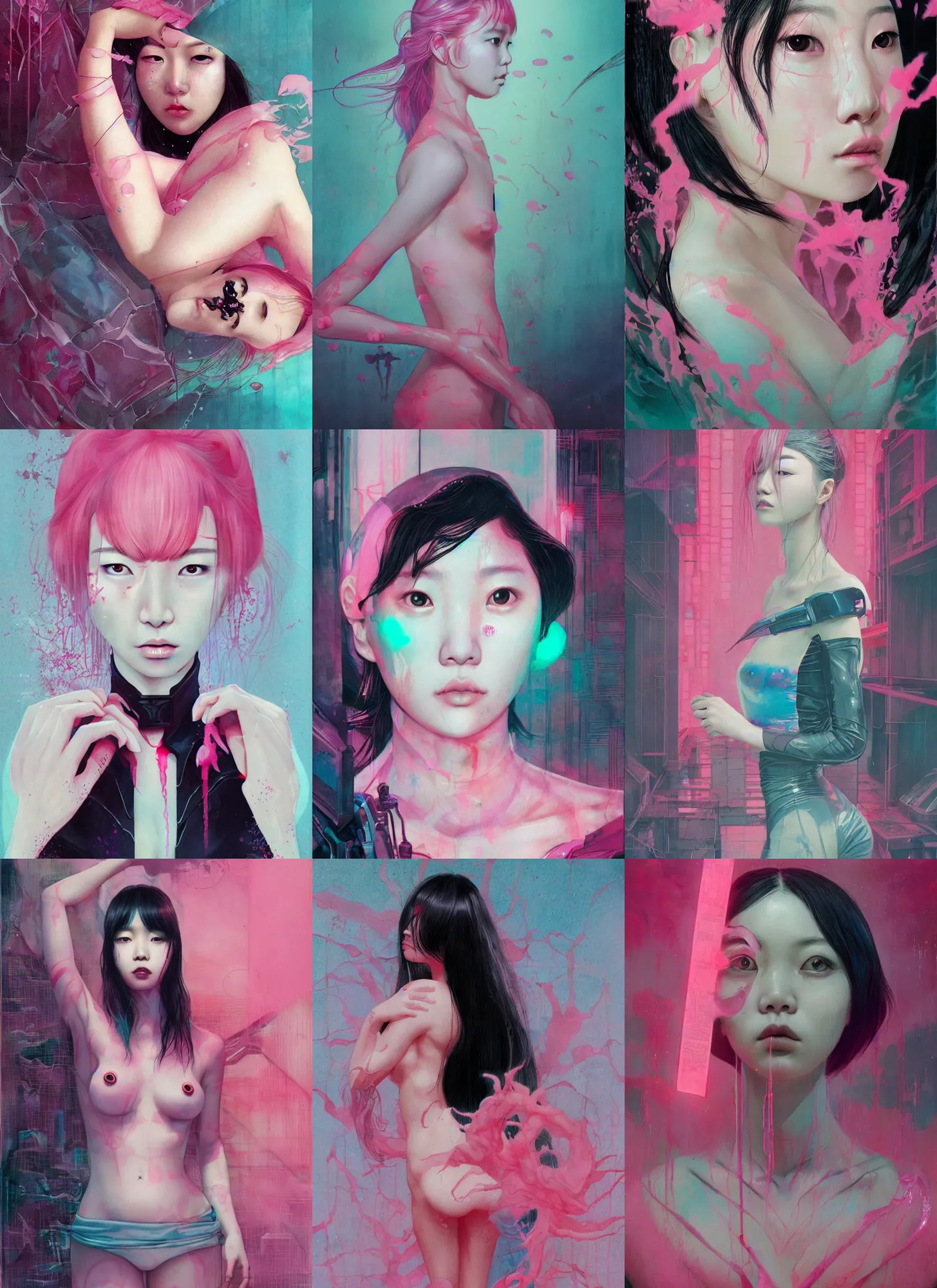 Prompt: lee jin - eun emerging from pink water in cyberpunk theme by tran nguyen, martine johanna, ren hang, lecouffe - deharme, rule of thirds, seductive look, beautiful