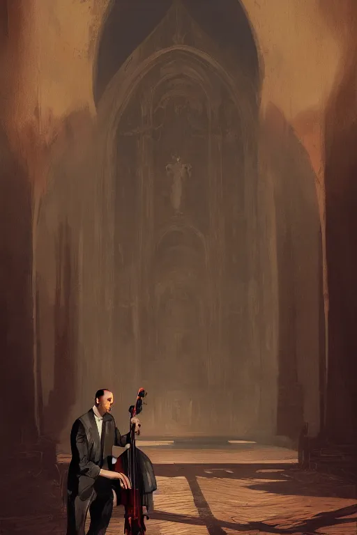 Prompt: an expressive portrait of agent 4 7 playing the cello in a monastery, dark background, red rim light, digital art, artstation, concept art by giger stalenhag