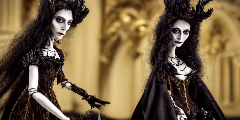 Image similar to photo taken of an epic intricate, ultra detailed, super realistic stop motion puppet of a majestic gracious regal aristocratic brunette female vampire and gothic filmset created by weta workshop and tim burton, menacing, wide angle, full body shots, photorealistic, sharp focus, gloomy, extremely cold blueish colour temperature, 3 5 mm, f 1. 4, golden ratio