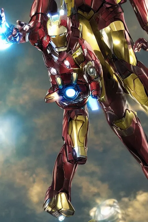 Image similar to iron man with the infinity gauntlet connected into the suit, cinematic, volumetric lighting, f 8 aperture, cinematic eastman 5 3 8 4 film, photorealistic