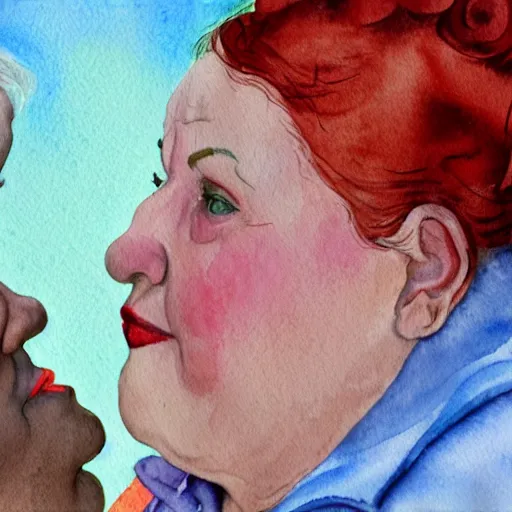 Prompt: a very funny comic style watercolor painting of a sweet fat old woman kissing her reflection. symmetrical face, red mouth, blue eyes. a flowered dress. a hyper - realistic scene. 3 d, octane processing, deep focus, white scene. a very funny and sweet picture. unreal engine. watercolor. fellini cinematic style. poster quality. freud painting style.