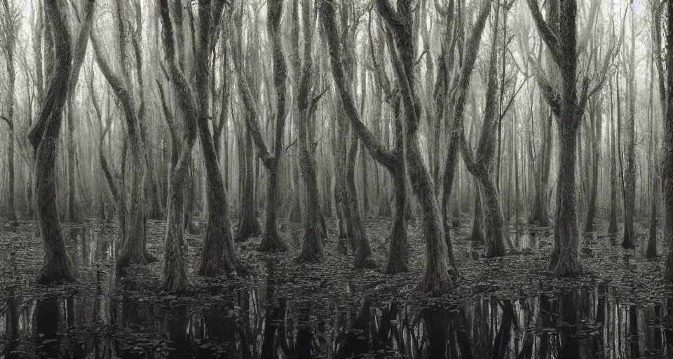 Prompt: A dense and dark enchanted forest with a swamp, by Alyssa Monks