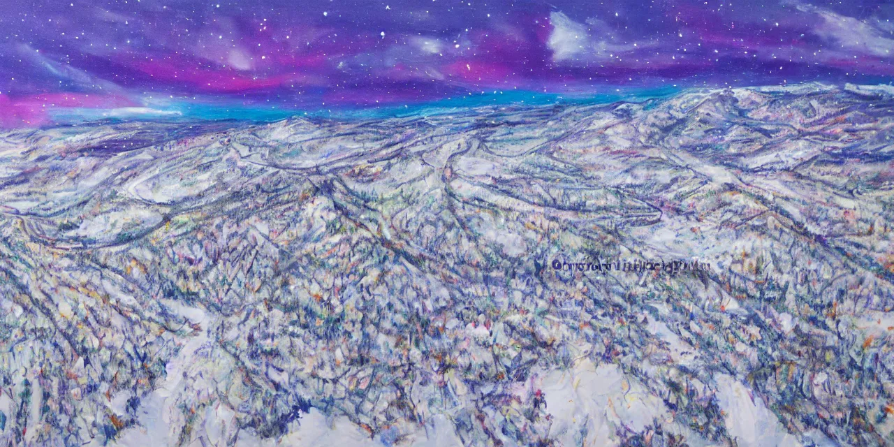 Image similar to abstract painting of the laurentian appalachian mountains in winter, unique, original and creative landscape, aerial view, snowy night, distant town lights, aurora borealis, deers and ravens, footsteps in the snow, brilliant composition