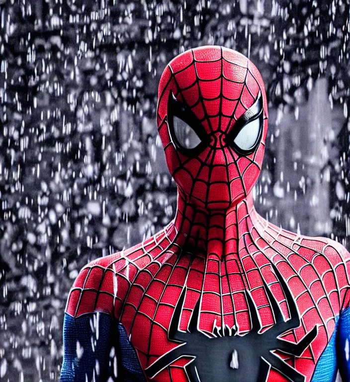 Image similar to cinematic of tobey maguire as spiderman, dramatic rain, 8 k, moody lighting