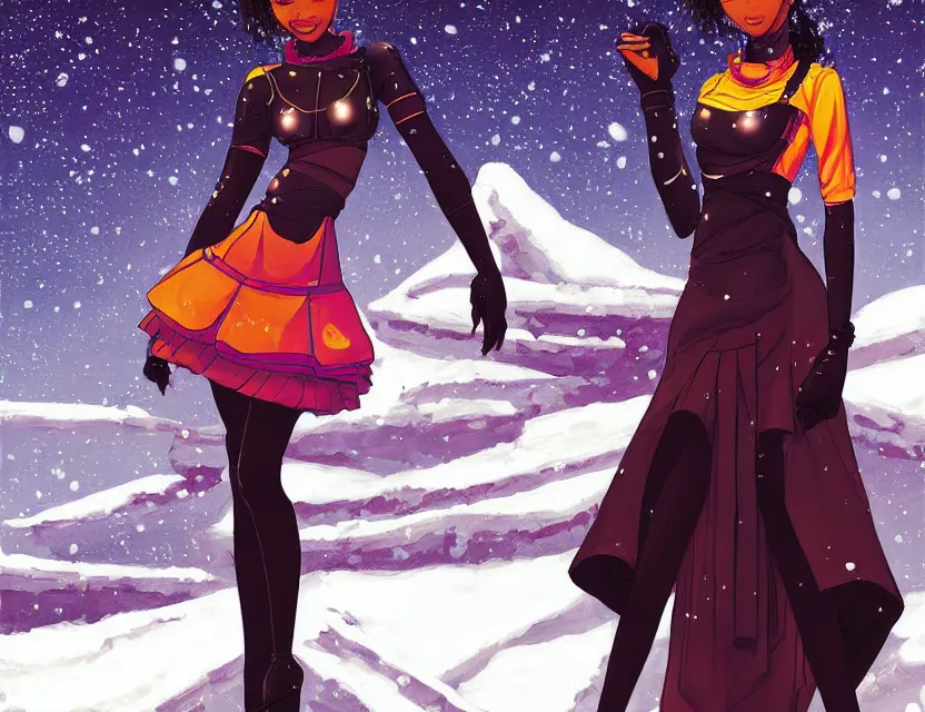 Prompt: black - skinned scifi princess in a snowy mountain cafe, wearing a lovely dress with cyberpunk elements. this oil painting by the award - winning mangaka has an interesting color scheme and impeccable lighting.