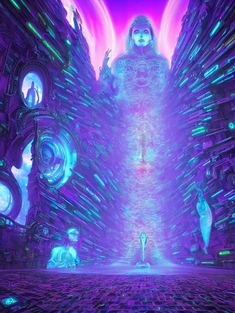 Image similar to entrance to matrix ethereal realm, shiva sentient, rendered in unreal engine, central composition, symmetrical composition, dreamy colorful cyberpunk colors, 6 point perspective, fantasy landscape with anthropomorphic terrain in the styles of igor morski, jim warren and rob gonsalves, intricate, hyperrealistic, volumetric lighting, neon ambiance, distinct horizon