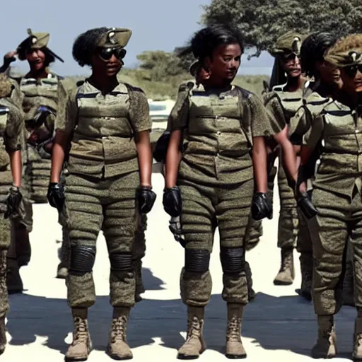 Image similar to a squad of futuristic soldiers led by a female soldier with brown skin and short hair