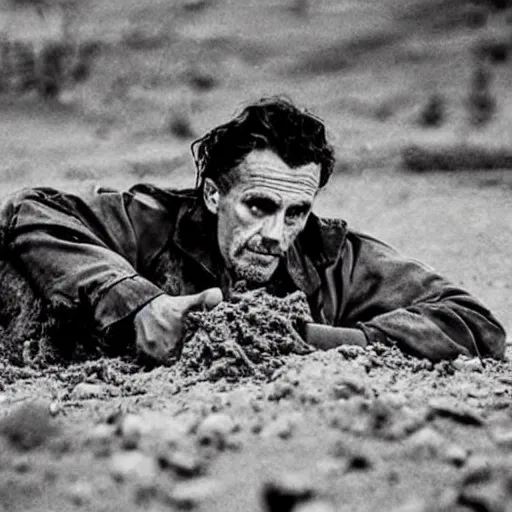 Image similar to Jordan Peterson digging a ditch, dressed like a homeless man in the desert. Photograph from a horror film.