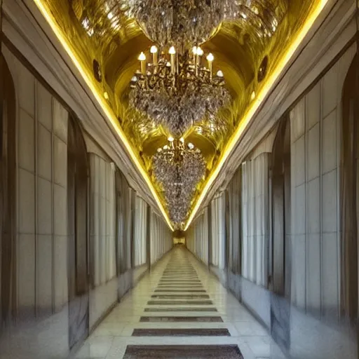 Prompt: very long hallway with some lights on, a tilt shift photo by ricardo bofill, trending on pinterest, modernism, art deco, high dynamic range, hall of mirrors