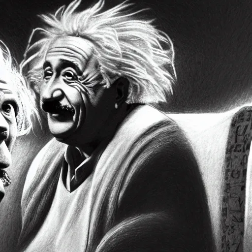 Image similar to Einstein and Newton speaks each other on a topic, pencil drawing, ultra detailed, octane render