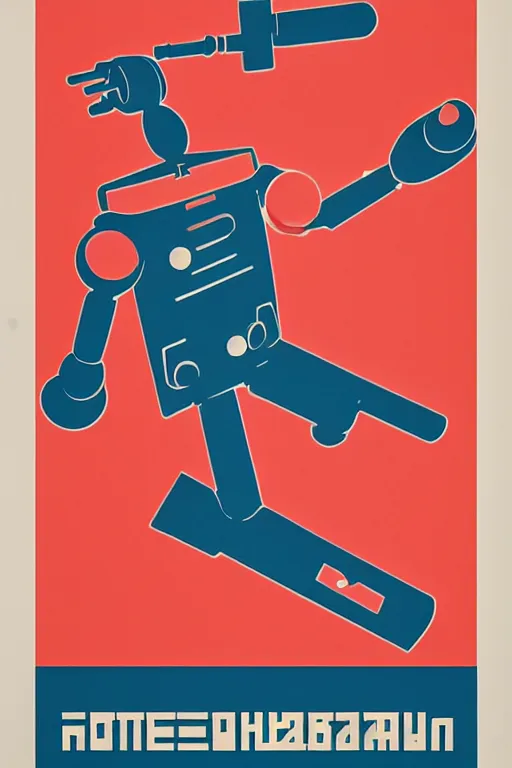 Image similar to sovietwave propaganda poster about the dangers of robots, minimalist, silkscreen, graphic design, russian text