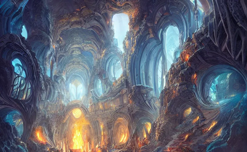 Prompt: a vast underground city, rock columns, stalactites, streets lit by fire braziers, fantasy digital painting, stunning intricate details, artwork by ross tran, artgerm