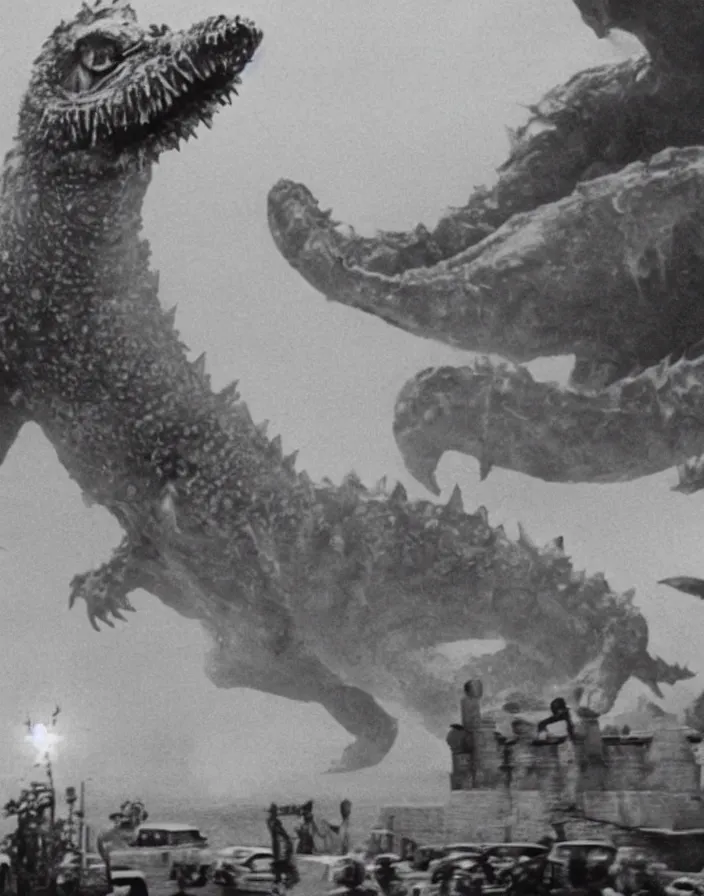 Image similar to a filmstill of a north korean monster movie, kaiju - eiga monster with starfish - arms trampling a traditional korean palace, foggy, film noir, epic battle, etheral, explosions, communist propaganda, communist epic thriller produced by kim jong - il, cinematography by akira kurosawa and tim burton, video compression