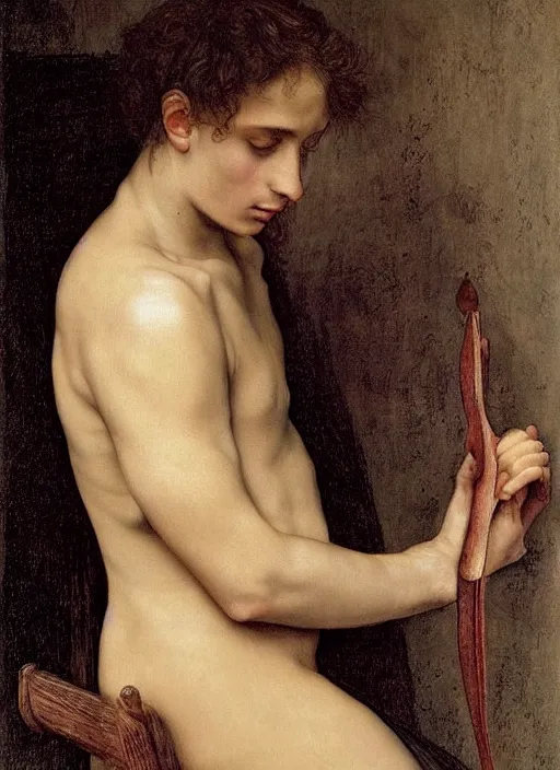 Image similar to (((( a painting of a Timothee Chalamet shaving, a character portrait by Dürer, behance, pre-raphaelitism, da vinci, pre-raphaelite, detailed painting“