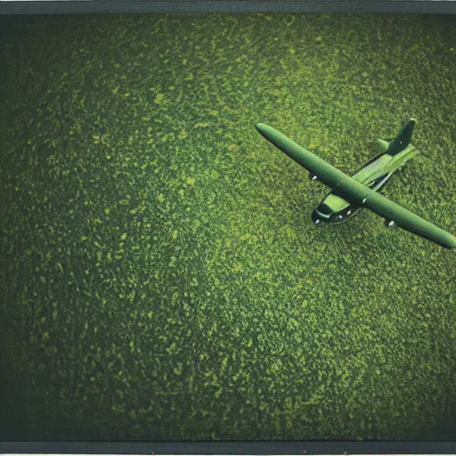 Image similar to heavily green tinted vintage polaroid photograph of a plane flying above a forest, ground level view