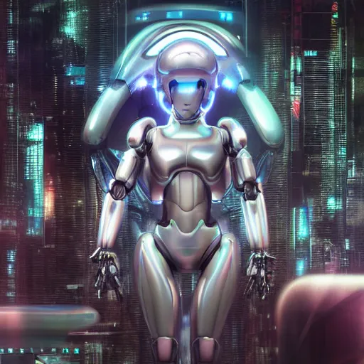 Prompt: chrome robot ghost in the shell, extremely detailed digital painting, in the style of Yoshitaka Amano, art noveau, mystical colors, rim light, beautiful lighting, 8k, stunning scene, raytracing, octane, trending on artstation