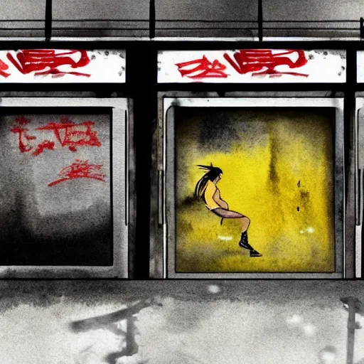 Prompt: incredible wide screenshot, ultrawide, simple watercolor, rough paper texture, ghost in the shell movie scene, backlit distant shot of girl in a parka running from a giant robot invasion side view, yellow parasol in deserted dusty shinjuku junk town, broken vending machines, bold graphic graffiti, old pawn shop, bright sun bleached ground, mud, fog, dust, windy, scary robot monster lurks in the background, ghost mask, teeth, animatronic, black smoke, pale beige sky, junk tv, texture, brown mud, dust, tangled overhead wires, telephone pole, dusty, dry, pencil marks, genius party,shinjuku, koji morimoto, katsuya terada, masamune shirow, tatsuyuki tanaka hd, 4k, remaster, dynamic camera angle, deep 3 point perspective, fish eye, dynamic scene