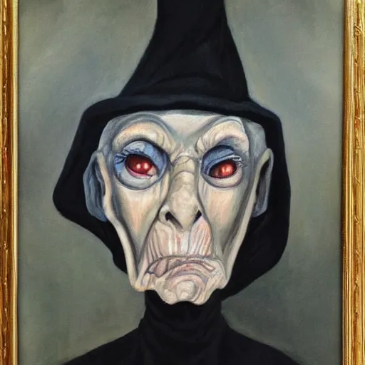 Image similar to creepy old cursed witch watching you sleep, eerie, haunted, oil painting