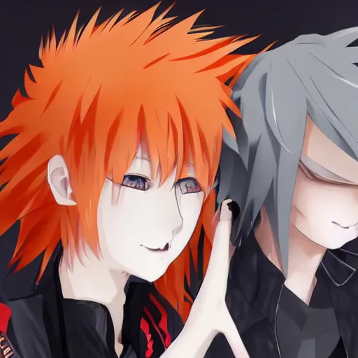 Prompt: orange - haired anime boy, 1 7 - year - old anime boy with wild spiky hair, standing next to 1 7 - year - old pale - skinned persian girl with black long bob cut, long bangs, black gothic jacket, ultra - realistic, sharp details, subsurface scattering, blue sunshine, intricate details, hd anime, 2 0 1 9 anime