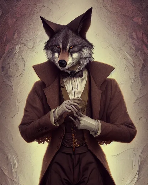 Image similar to anthropomorphic art of a detective wolf, victorian inspired clothing by artgerm, victo ngai, ryohei hase, artstation. fractal papersand books. highly detailed digital painting, smooth, global illumination, fantasy art by greg rutkowsky, karl spitzweg