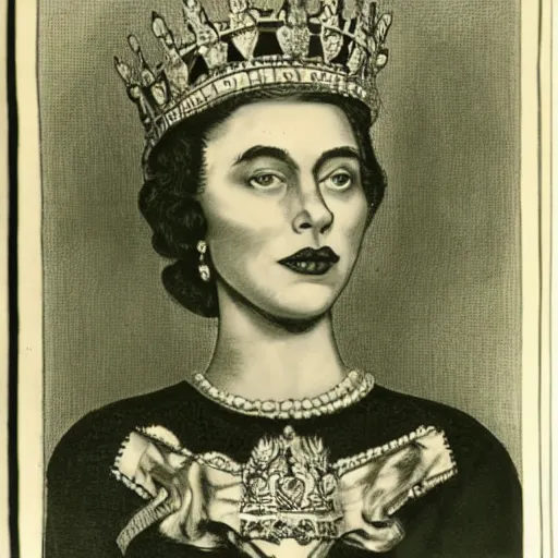Image similar to the queen of england as reptile, reptilian eyes