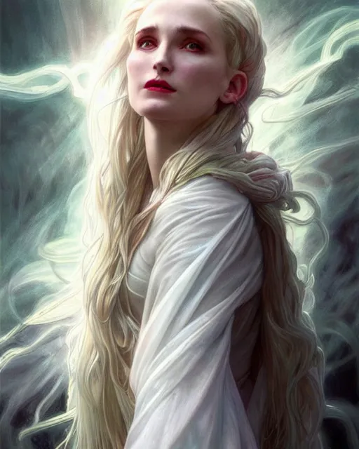 Image similar to realistic wide angle portrait of a beautiful white witch, standing, crafting spells, bright witch, beautiful face, fantasy, chaos, magic, dark magic, dramatic lighting, intricate, wild, highly detailed, digital painting, artstation, concept art, smooth, sharp focus, illustration, art by artgerm and greg rutkowski and alphonse mucha, footage from space camera