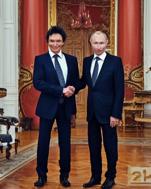 Image similar to sixty years old viktor tsoi with joyful look in a business suit shaking hands with vladimir putin in kremlin, moscow, color photo, mid shot photo, official meeting, digital photo, 4 k