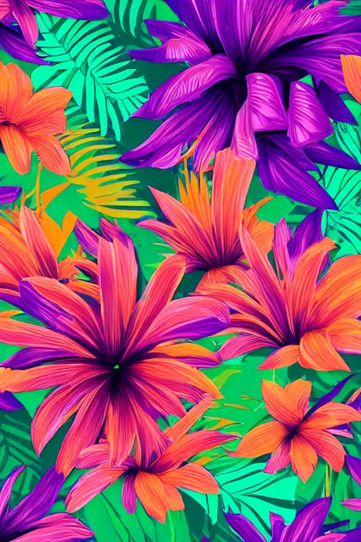 Image similar to sombre detailed vector illustration of photorealistic tropical flowers and green reeds, multiple cohesive colors ranging from warms purples to bright oranges on a ((very dark black background)), 4K resolution, trending on artstation, hd wallpaper