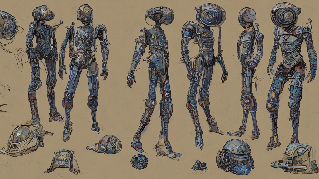 Image similar to aged paper, concept art, colorful character sheet for a male extraterrestrial cyborg warlord wearing victorian diving helmet, retrofuture, fantastic planet, moebius, valerian, coherent, illustration, digital art, trending on artstation, hd, 8 k, good lighting, beautiful, rough paper, masterpiece