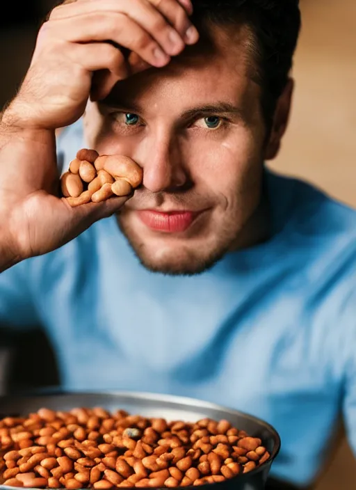 Prompt: award winning photograph of a man at a movie theater eating beans, 4 k, uhd, highly detailed, realistic, close up