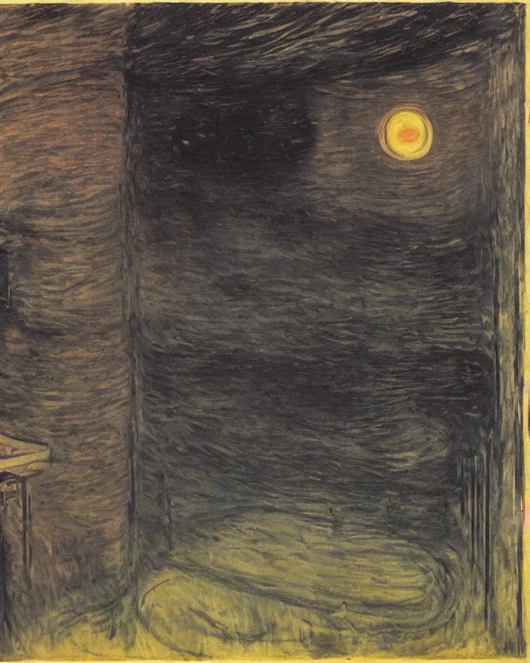 Prompt: midnight, the moon obscured by clouds, in a dilapidated building the dark unknown huddled in the corner is pouring out, mist, by edvard munch