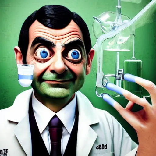 Image similar to mr. bean depicted as a mad scientist, wearing a lab coat, mixing green acids, digital art, trending on artstation and unreal engine