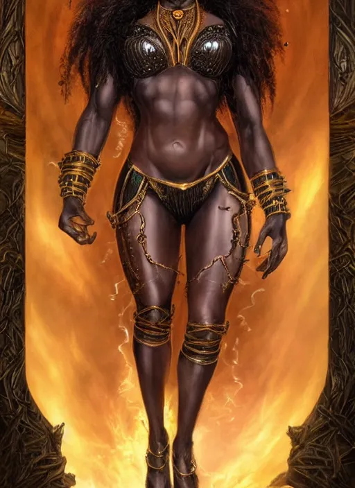 Image similar to a highly detailed symmetrical full body painting of a dark skinned female amazon sorceress with piercing beautiful eyes in dark tomb setting, dynamic lighting, ambient lighting, deviantart, art by artgerm and karol bak and mark brooks