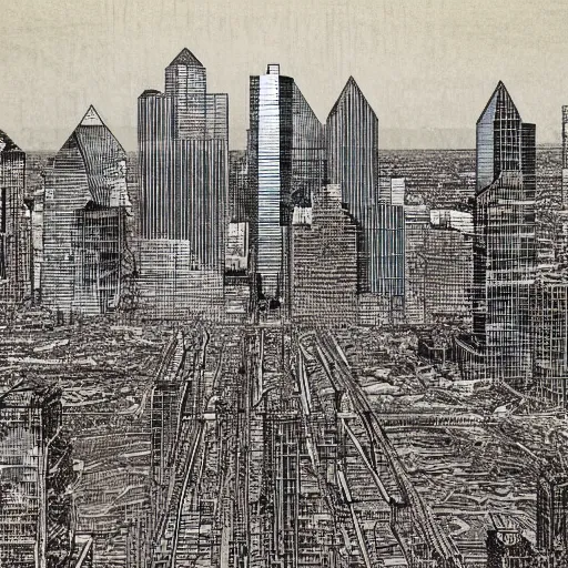 Prompt: dallas skyline by ed fairburn, joseph clement coll, franklin booth