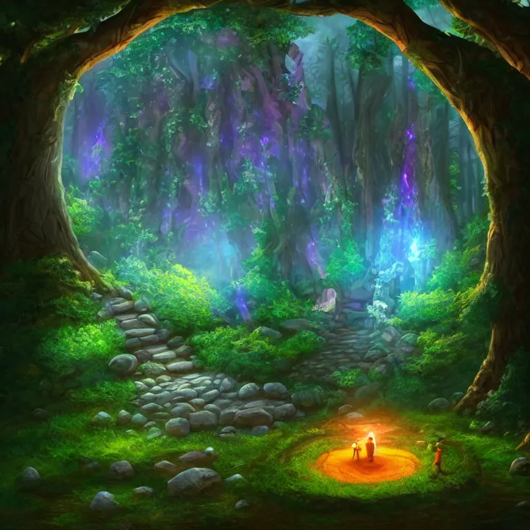 Prompt: Fantasy Magical fairy-tale glowing stone portal in the forest. Round stone portal teleport in trees to other worlds. Fantastic landscape. Magic Altar in the fores, highly detailed, digital painting, artstation