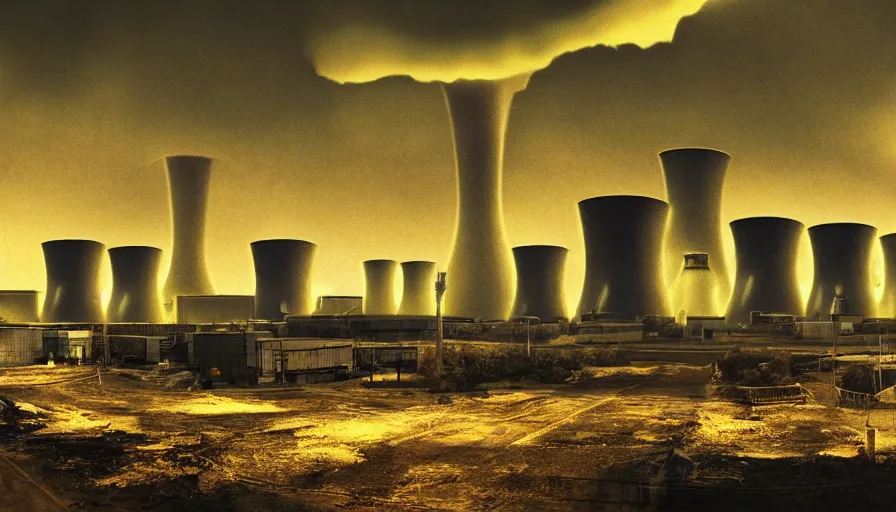 Image similar to Outside a Factory, Glowing Nuclear Waste Fluids Gush out of a Nuclear Facility, Dystopian, Hyperrealistic Rendering, Cinematic Lighting, High Contrast