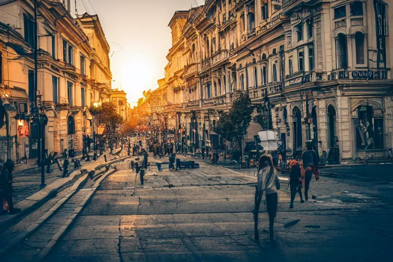 Image similar to urban photography of bucharest, award winning, sunset, streets, buildings, people, beautiful