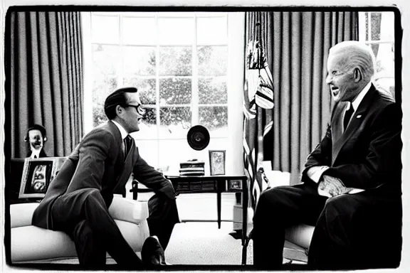 Image similar to “ very photorealistic photo of rod sterling and joe biden in the oval office, image is black and white, award - winning details ”