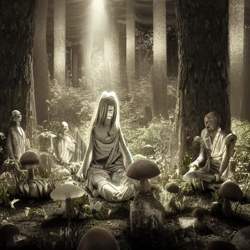 Image similar to mushroom goddess with group of elders in a ceremony for plant medicine, beautiful, hiroya oku, yoshitaka amano, chris cunningham, black and white, beautiful lighting, cinematic still, inspired by funky forest, 3 d render, 8 k