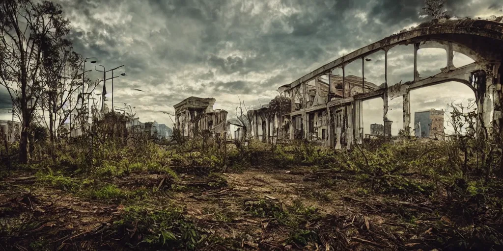 Image similar to abandoned city reclaimed by nature, cinematic shots, smooth light ing, happy, calm