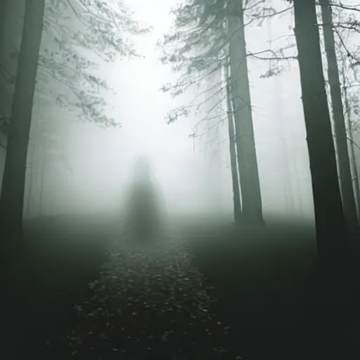 Image similar to shadow people in forest, staring at camera glowing white eyes, black and white, foggy, grainy, very old, creepy, eerie, unsettling