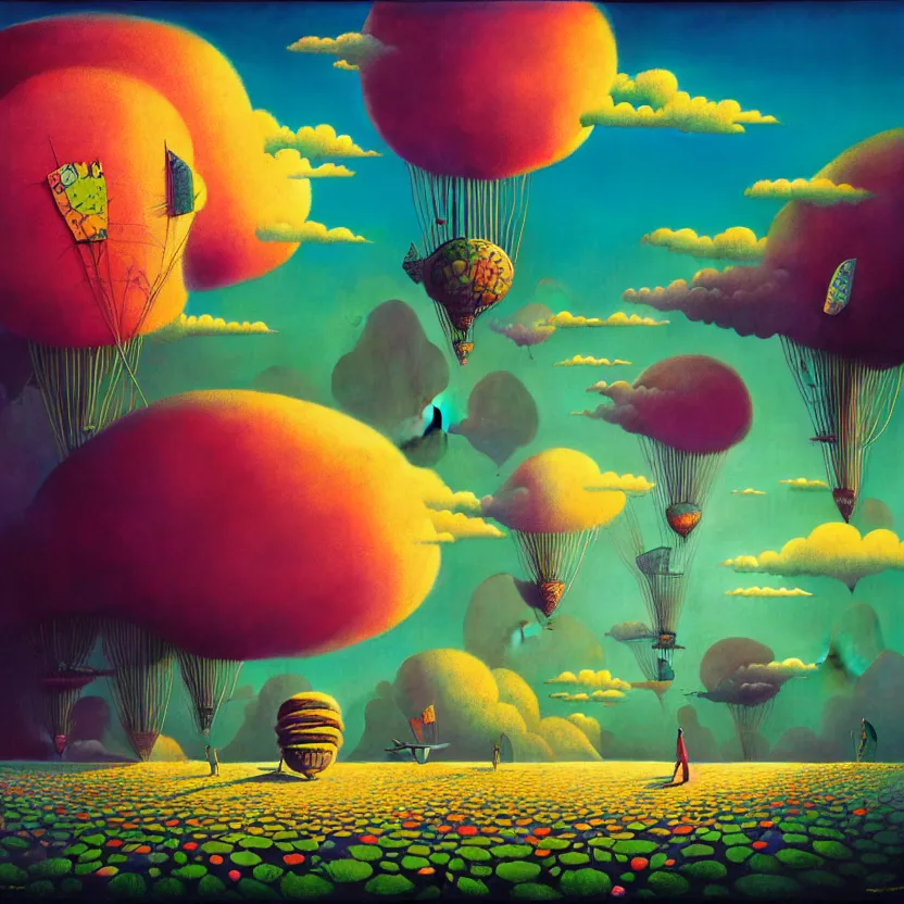 Prompt: surreal glimpse into other universe, zeppelin, island, summer morning, very coherent and colorful high contrast, art by! gediminas pranckevicius! geof darrow, pastel color, volumetric lighting, cinematic, floralpunk screen printing woodblock, dark shadows, hard lighting, stippling art