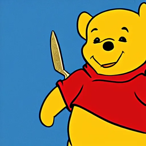 Image similar to winnie the pooh holding a bloody knife, in the style of winnie the pooh cartoon