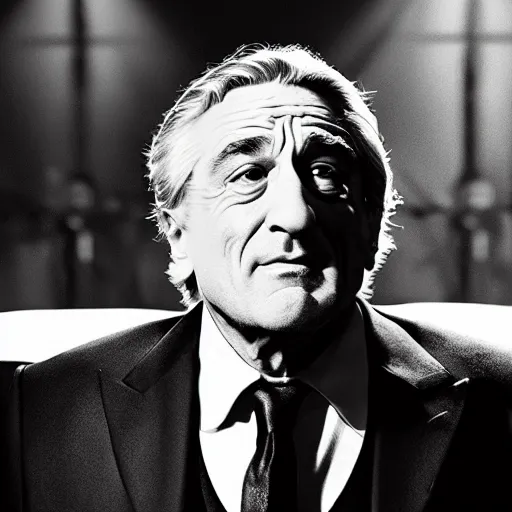 Image similar to Robert De Niro stars in Sin City movies, incredibly detailed, photorealistic, Black and white, cinematic lighting, trending on artstation, 4k, hyperrealistic